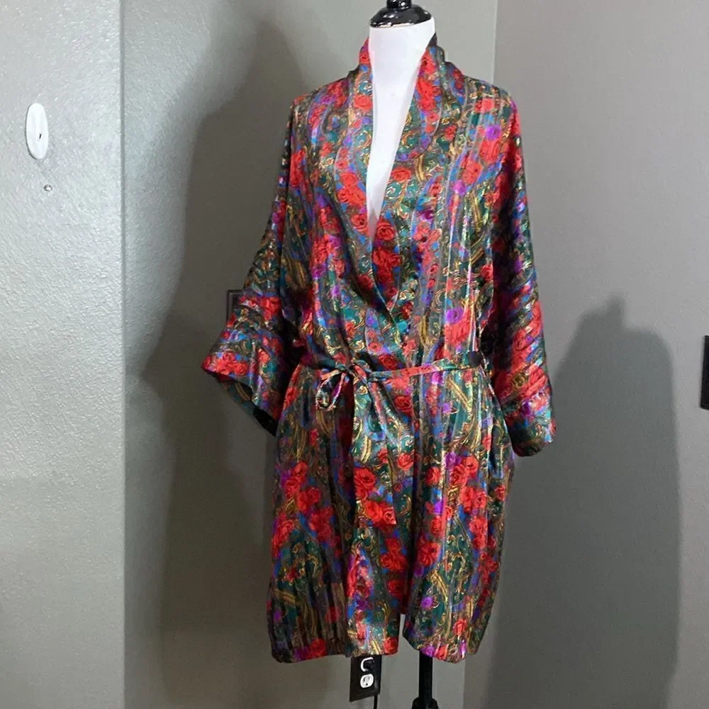 Victorias Secret Vintage Gold Label Satin Semi Sheer Robe Floral